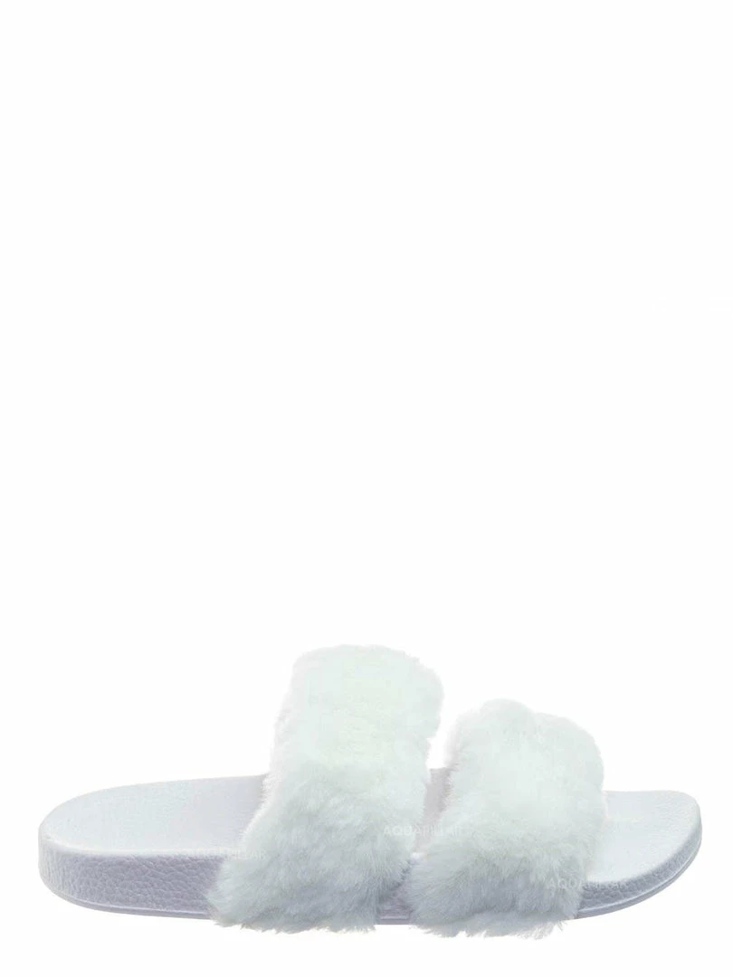 Bamboo Liv04 Faux Fur Footbed Slides - Cozy Double Strap Furry Contour Slide In Sandals