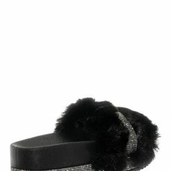 Bamboo Nighttime02 Faux Fur Rhinestone Flatform Slides - Molded Footbed Crystal Sandal New
