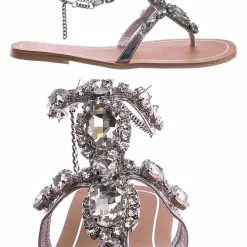Bamboo Jewel44 Boho Rhinestone Crystal Thong Sandal - Women Bling Chain Link Gladiators