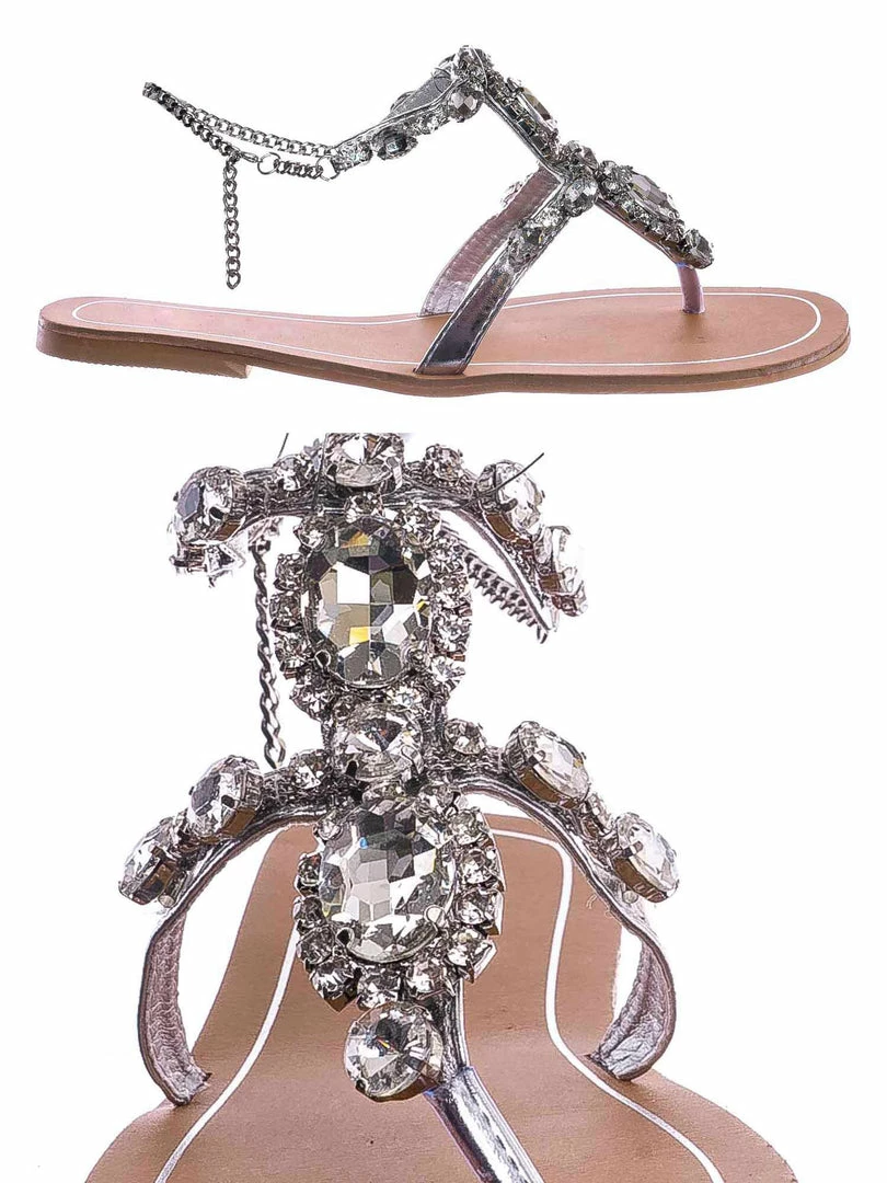 Bamboo Jewel44 Boho Rhinestone Crystal Thong Sandal - Women Bling Chain Link Gladiators