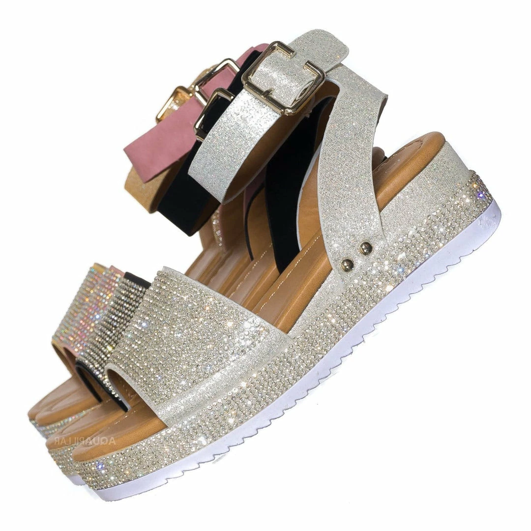 Forever Link New Luxury96K Kids Rhinestone Glitter Flatform Sandal - Little Girl Crystal Platform