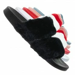 Bamboo Liv04 Faux Fur Footbed Slides - Cozy Double Strap Furry Contour Slide In Sandals