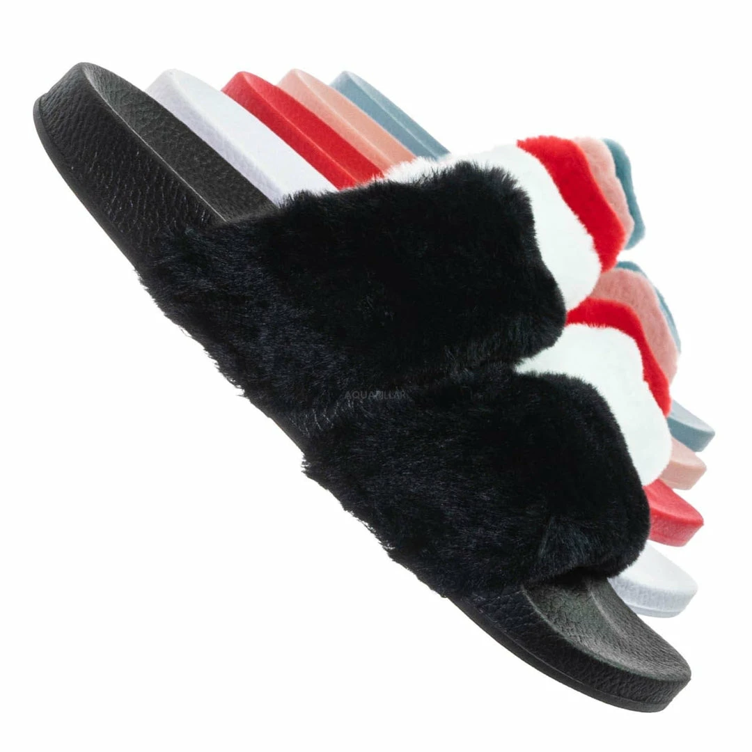 Bamboo Liv04 Faux Fur Footbed Slides - Cozy Double Strap Furry Contour Slide In Sandals