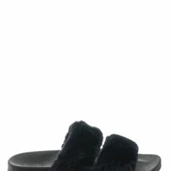 Bamboo Liv04 Faux Fur Footbed Slides - Cozy Double Strap Furry Contour Slide In Sandals