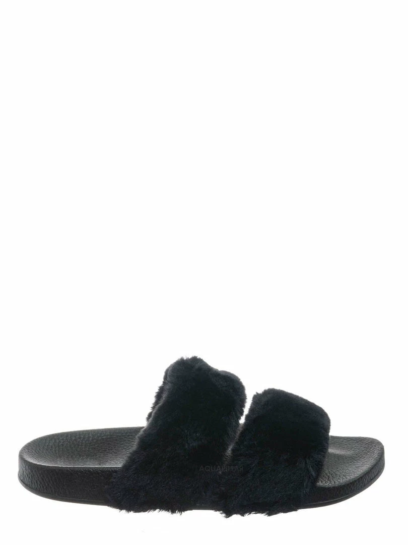 Bamboo Liv04 Faux Fur Footbed Slides - Cozy Double Strap Furry Contour Slide In Sandals