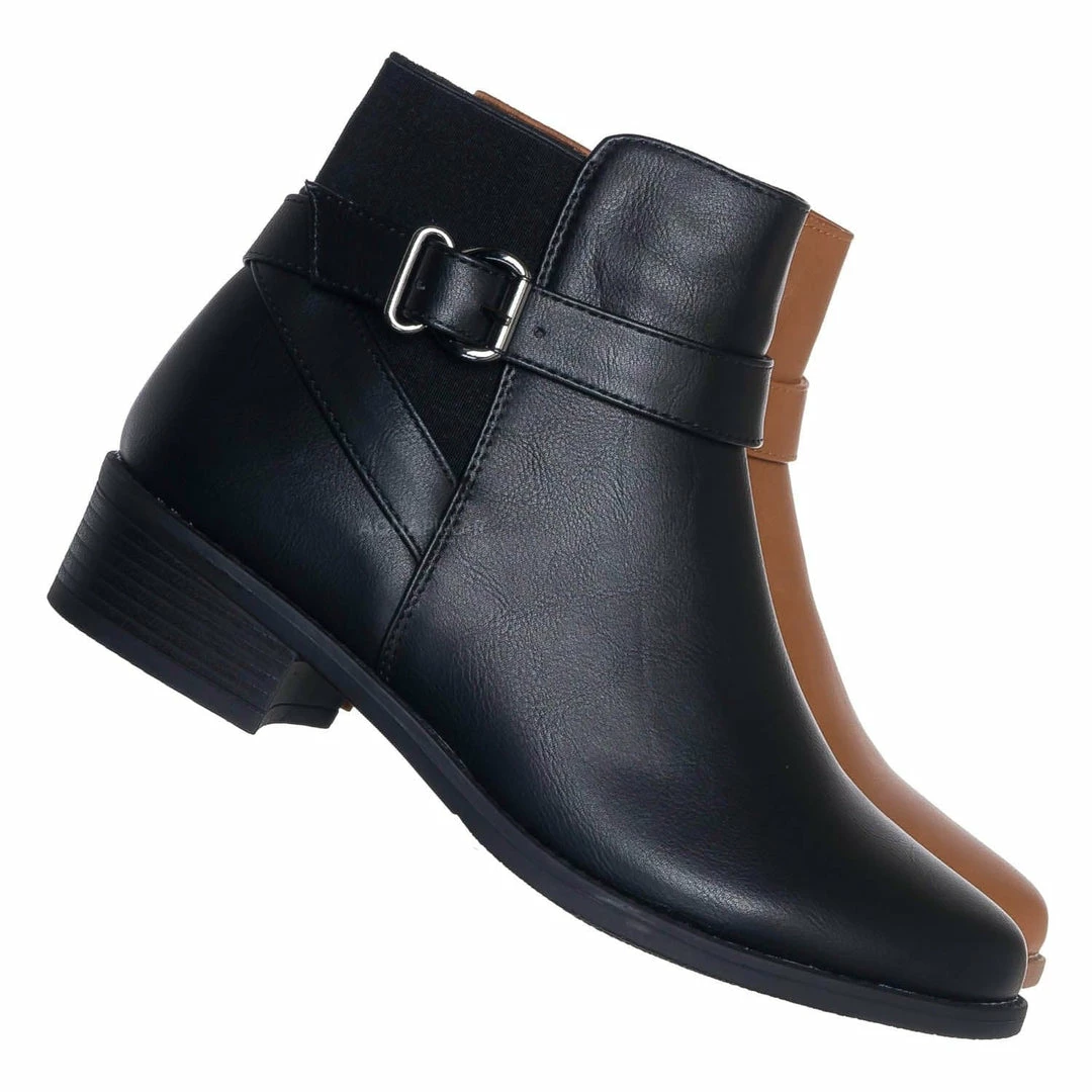 Top Moda Alana1 Elastic Chelsea Belted Ankle Bootie, Moto Block Heel Cowboy Biker Boot