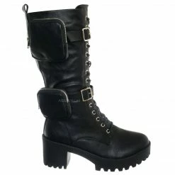 Forever Link New Pacific34 Knee High Utility Combat Boots - Women Block Heel Pouch Shoes