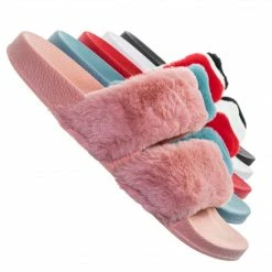 Bamboo Liv04 Faux Fur Footbed Slides - Cozy Double Strap Furry Contour Slide In Sandals