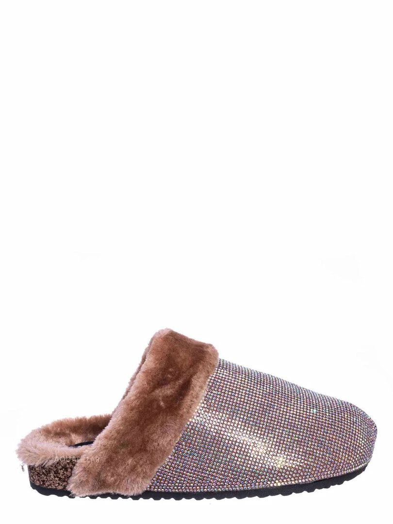 Forever Link New Benefit13 Rhinestone Crystal Moccasin Furry Footbed Slipper