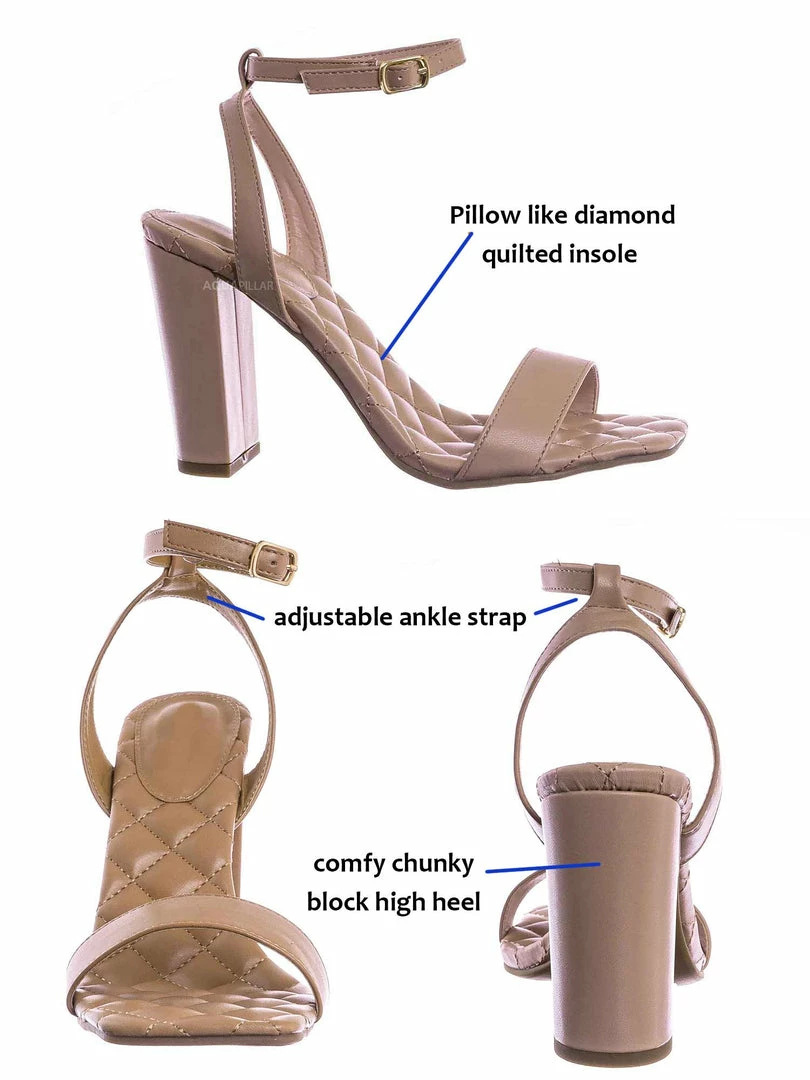 Top Moda New Pita48 Matelassé Quilted Chunky Heel Sandal - Women Adjustable Ankle Strap Shoes