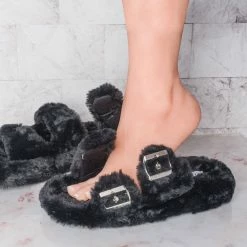 Liliana New Dearly3 Fluffy Faux Fur Footbed Slipper, Men Women Fuzzy Double Buckle Slides