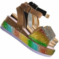 Forever Link Luxury96 Rhinestone Glitter Flatform Sandal - Women Ankle Strap Crystal Platform New