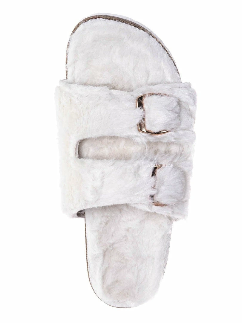 Bamboo New Defeat63 Faux Fur Molded Footbed Slipper - Furry Slide In Cork Slide Sandal