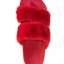 Bamboo Liv04 Faux Fur Footbed Slides - Cozy Double Strap Furry Contour Slide In Sandals