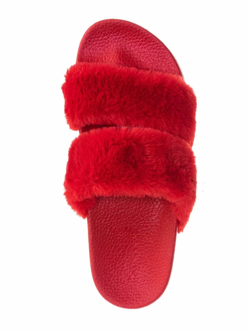 Bamboo Liv04 Faux Fur Footbed Slides - Cozy Double Strap Furry Contour Slide In Sandals