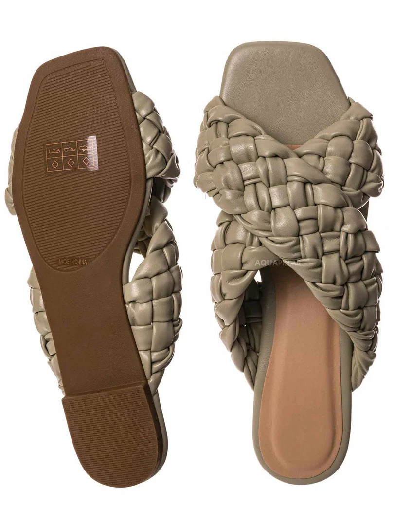 Bamboo Kick61 Thick Braided Woven Slides - Womens Open Squared Toe Slip On Mule Slipper New