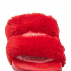 Bamboo Liv04 Faux Fur Footbed Slides - Cozy Double Strap Furry Contour Slide In Sandals