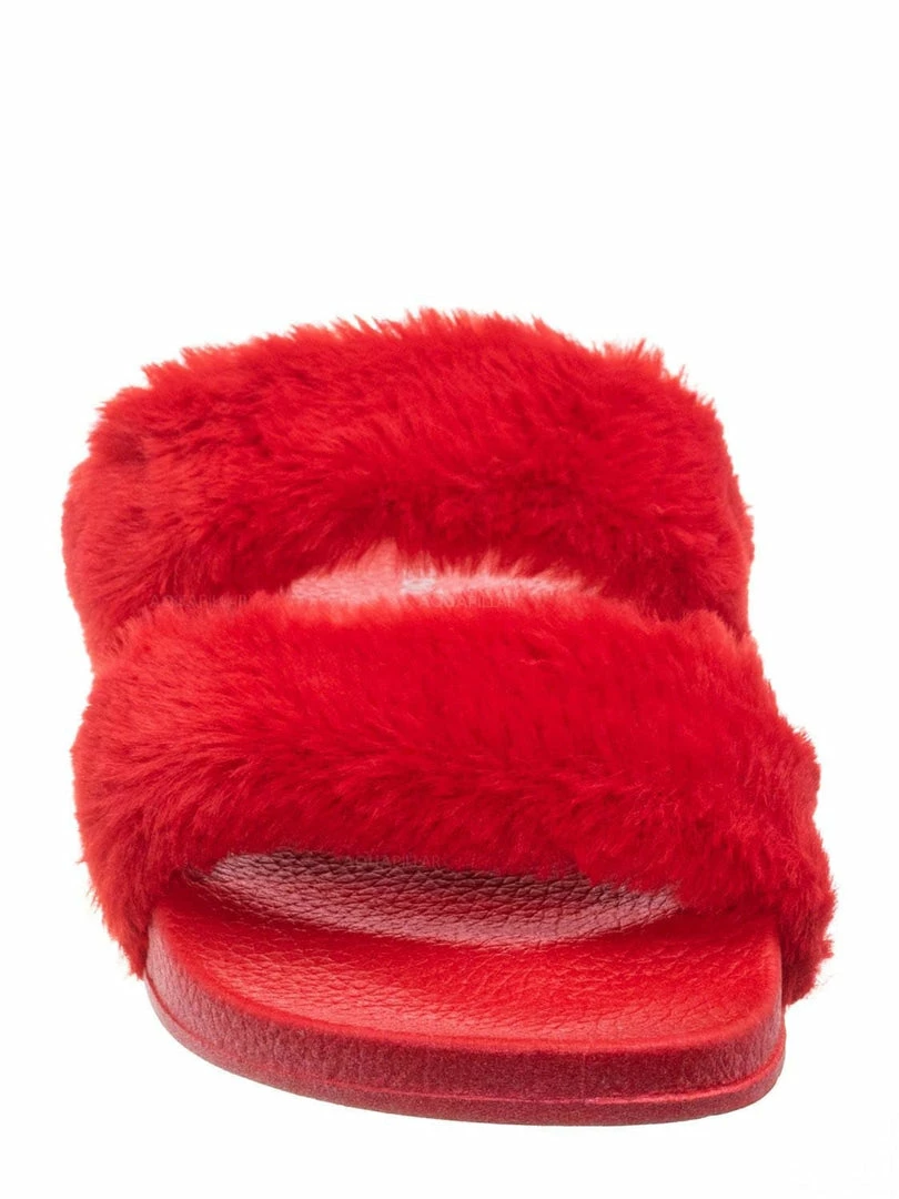 Bamboo Liv04 Faux Fur Footbed Slides - Cozy Double Strap Furry Contour Slide In Sandals