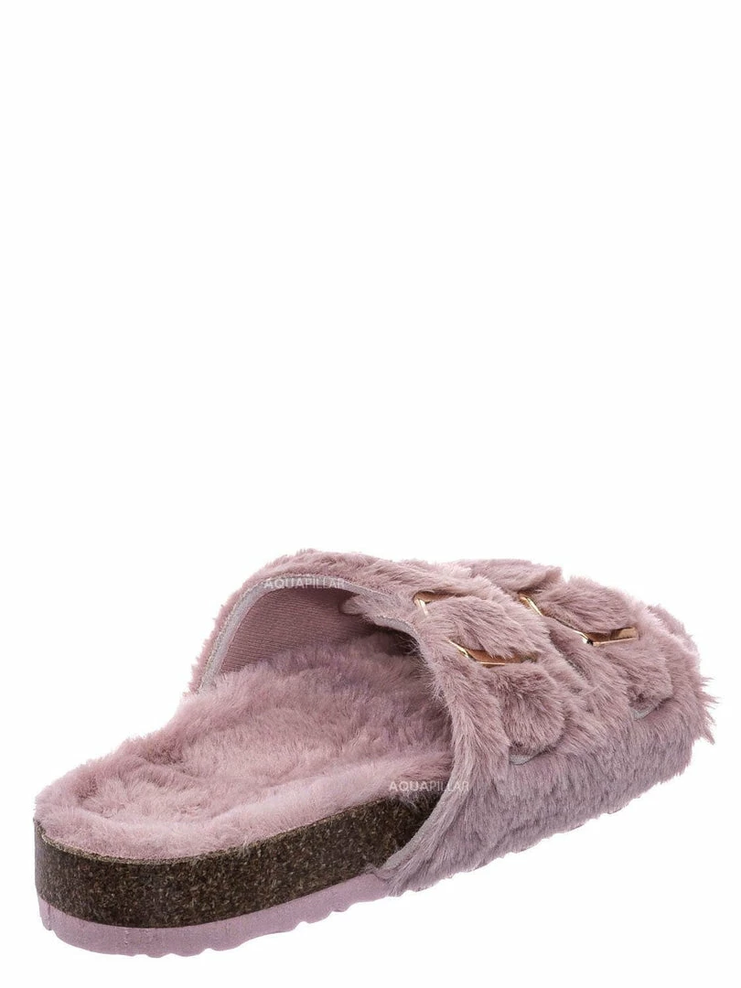 Bamboo New Defeat63 Faux Fur Molded Footbed Slipper - Furry Slide In Cork Slide Sandal