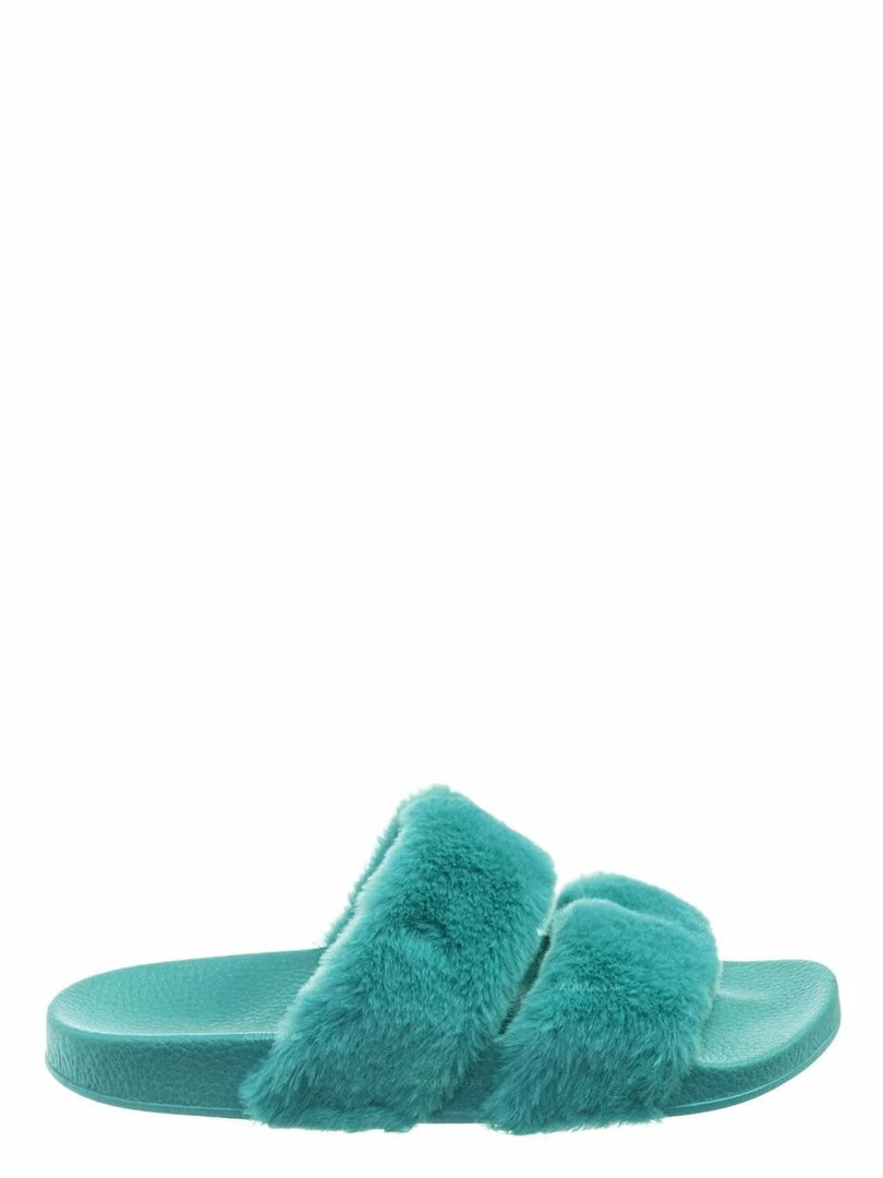 Bamboo Liv04 Faux Fur Footbed Slides - Cozy Double Strap Furry Contour Slide In Sandals
