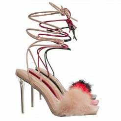 Wild Diva New Bonia04 Leg Wrap Fluffy Feather Sandal - Women Lace Up Heel S