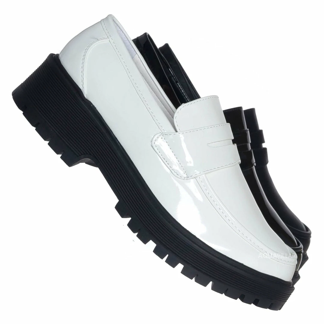 Forever Link New Chief60 Penny Loafers Platform Lug Sole - Vintage Creepers Chunky Work Flat Pumps Shoes Chunky Block Heel