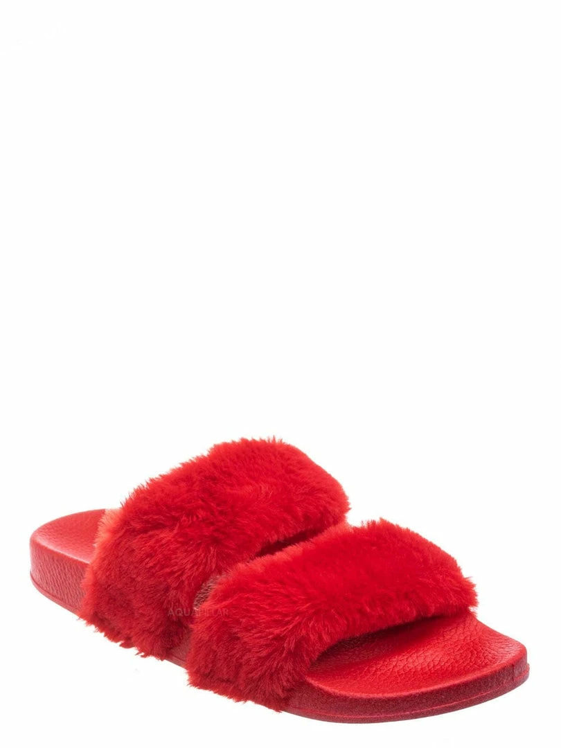 Bamboo Liv04 Faux Fur Footbed Slides - Cozy Double Strap Furry Contour Slide In Sandals