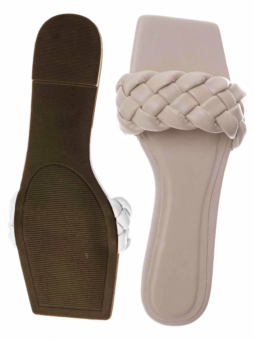 Bamboo Block19 Woven Braided Band Slipper - Womens Open Squared Toe Slip On Flat Sandal