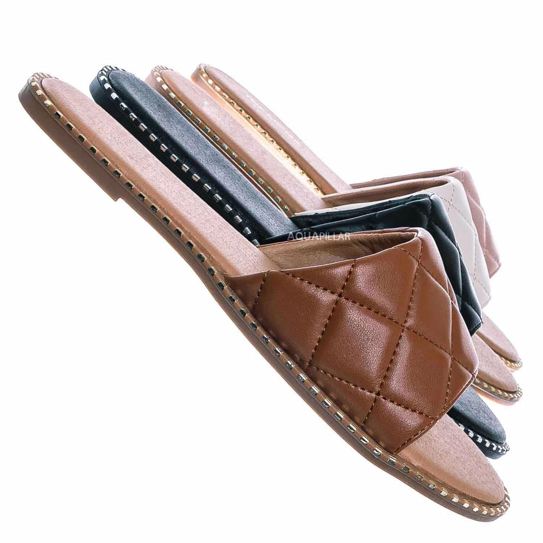 Top Moda New Mick1 Matelassé Quilted Sliders W Metal Stud Welt - Stitch Punk Rock Slipper