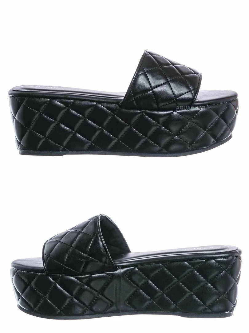 Bamboo New Purchase23 Quilted Flatform Slipper Mule - Platform Diamond Stitch Slide Sandals