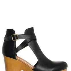 Bamboo Advance01 Belted Side Cut-Out Bootie Clog, Women Lightweight Wooden Shoes