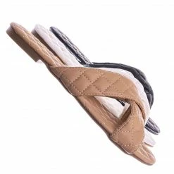 La Shailah New Baily2 Puffy Quilted Flat Slipper Sandal - Cross Strap Open Toe Slide In Shoes