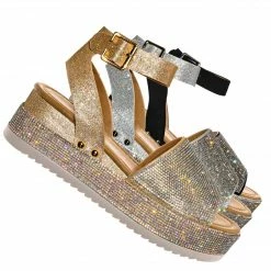 Forever Link Luxury96 Rhinestone Glitter Flatform Sandal - Women Ankle Strap Crystal Platform New