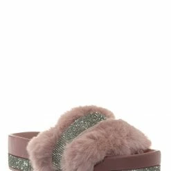 Bamboo Nighttime02 Faux Fur Rhinestone Flatform Slides - Molded Footbed Crystal Sandal New