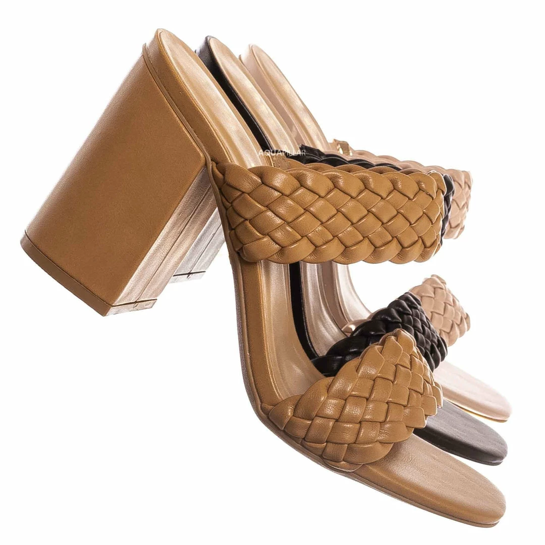 Bamboo New Milestone13 Thin Woven Block Heel Slide - Women Slipper Shoes
