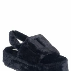 Liliana New Christy2 Cozy Faux Fur Flatform Slingback Sandal, Flat Platform Plush Shoe