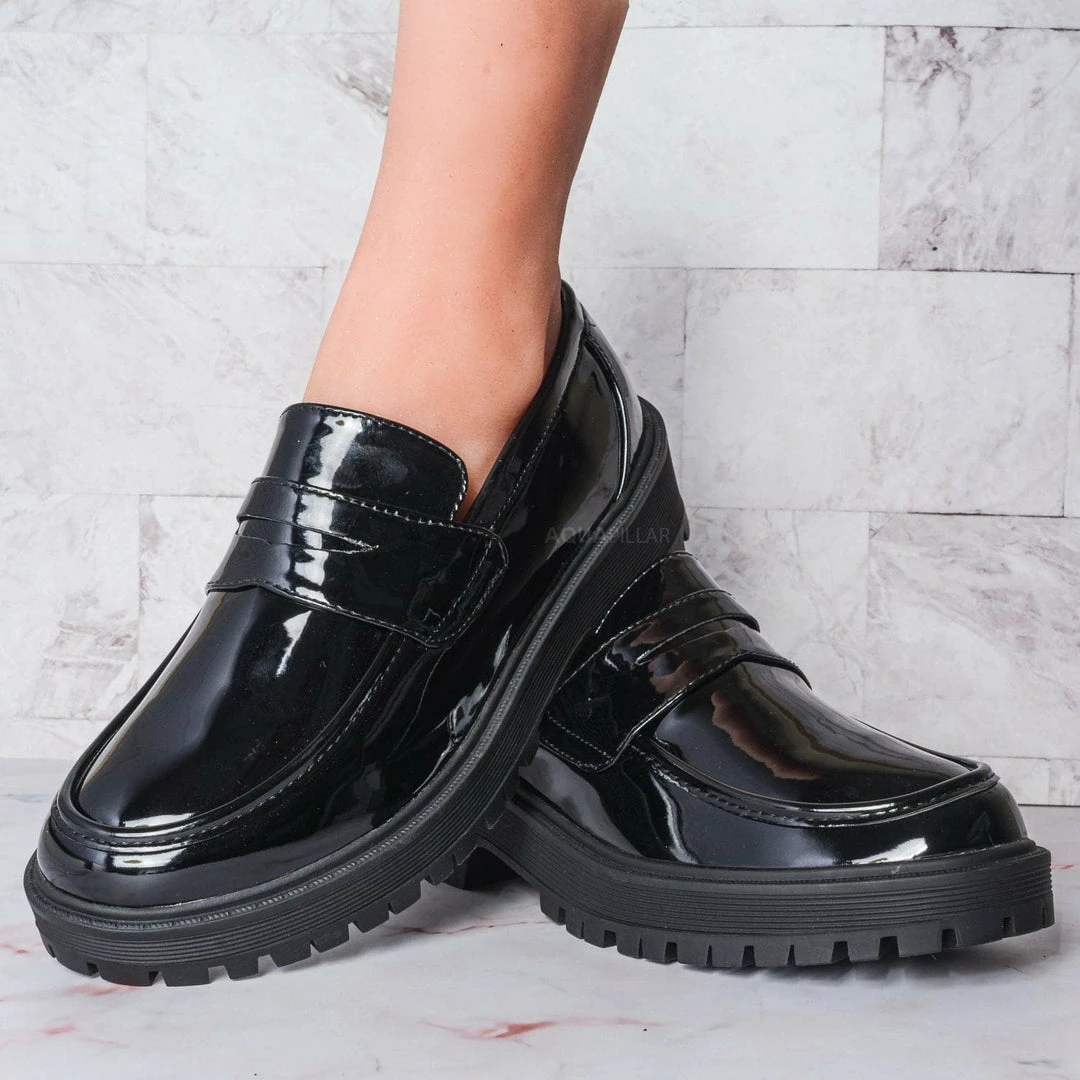 Forever Link New Chief60 Penny Loafers Platform Lug Sole - Vintage Creepers Chunky Work Flat Pumps Shoes Chunky Block Heel