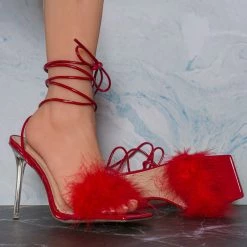 Wild Diva New Bonia04 Leg Wrap Fluffy Feather Sandal - Women Lace Up Heel S