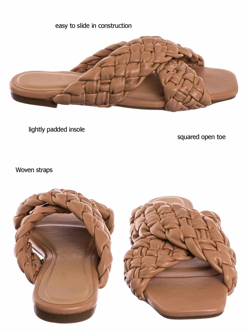 Bamboo Kick61 Thick Braided Woven Slides - Womens Open Squared Toe Slip On Mule Slipper New