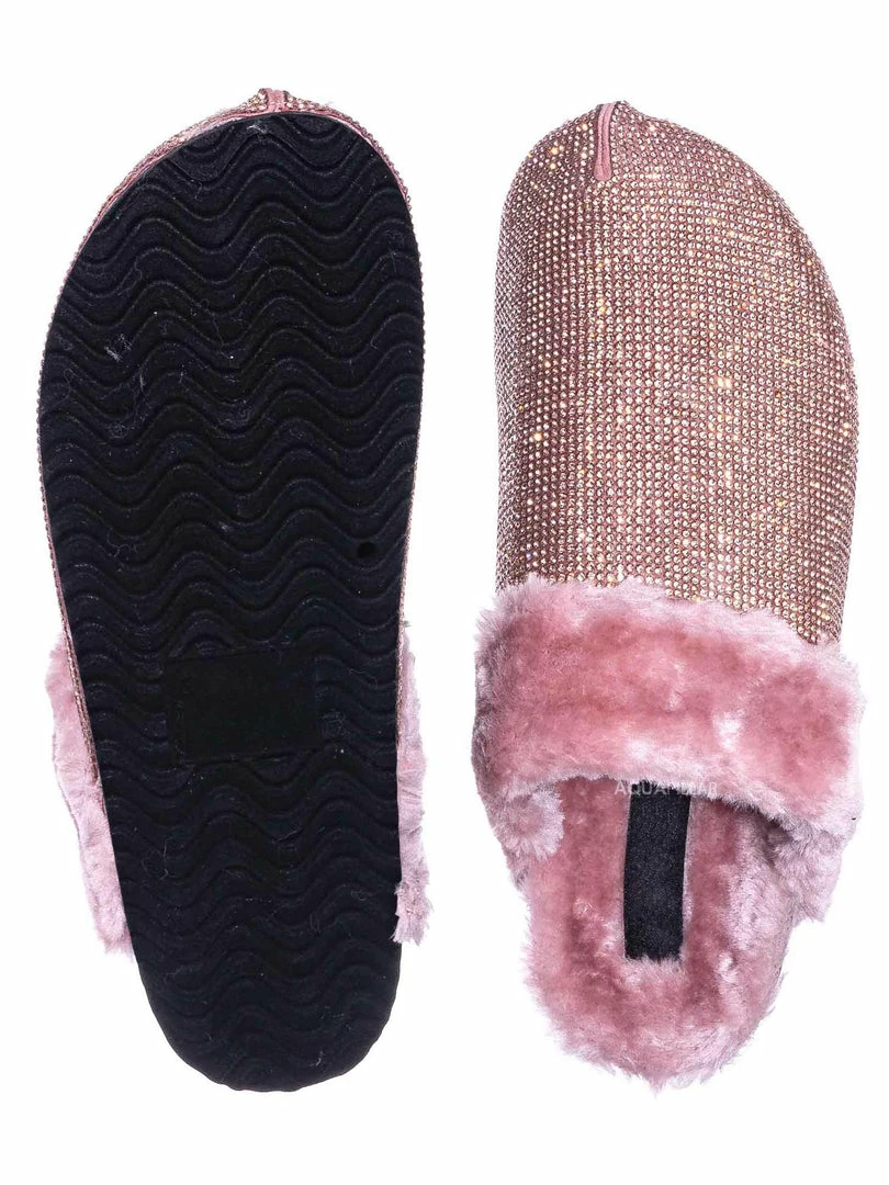 Forever Link New Benefit13 Rhinestone Crystal Moccasin Furry Footbed Slipper
