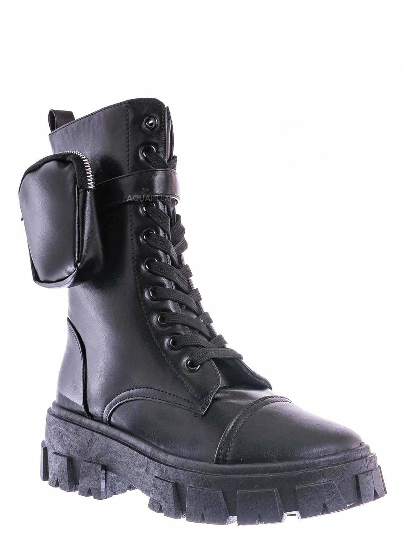 Bamboo New Staging09 Utilitarian Combat Biker Boots W Add On Purse Pocket Pouch