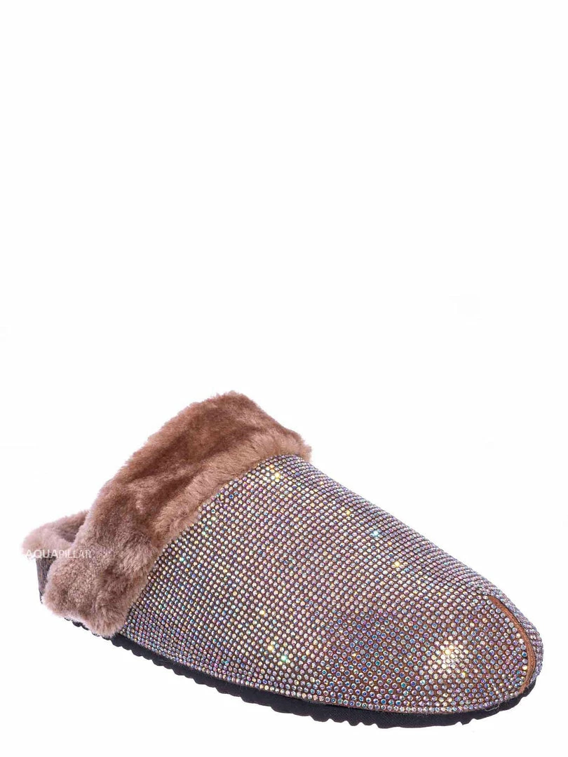 Forever Link New Benefit13 Rhinestone Crystal Moccasin Furry Footbed Slipper