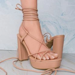 Top Moda Jane30 Lace Up Leg Wrap Sandal In Block Heel, Women Dress Shoes