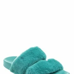 Bamboo Liv04 Faux Fur Footbed Slides - Cozy Double Strap Furry Contour Slide In Sandals