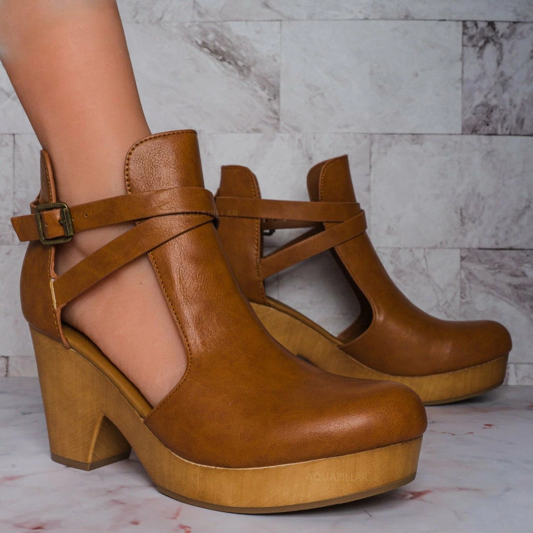 Bamboo Advance01 Belted Side Cut-Out Bootie Clog, Women Lightweight Wooden Shoes