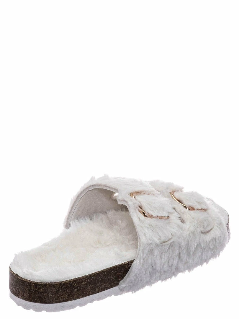 Bamboo New Defeat63 Faux Fur Molded Footbed Slipper - Furry Slide In Cork Slide Sandal