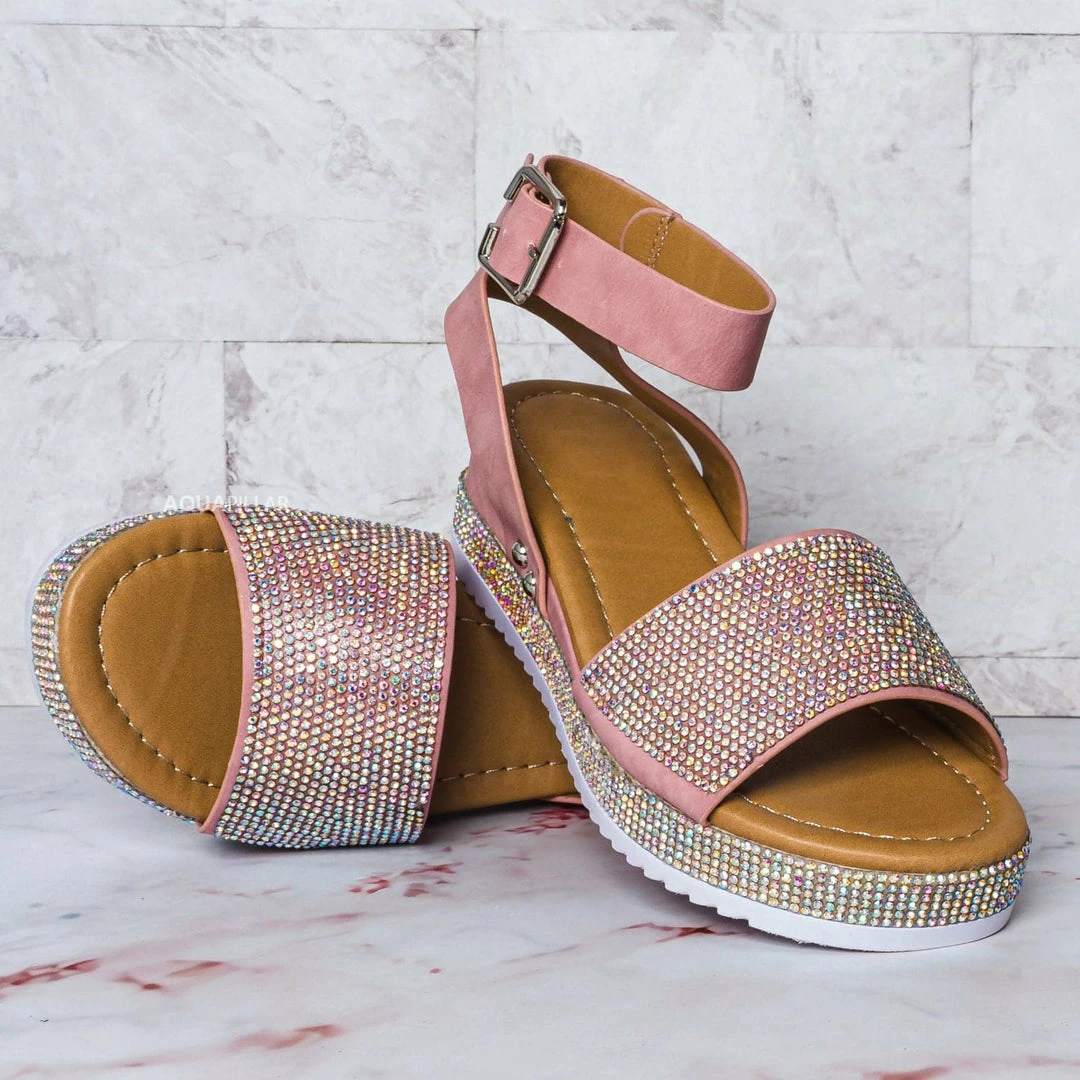 Forever Link New Luxury96K Kids Rhinestone Glitter Flatform Sandal - Little Girl Crystal Platform