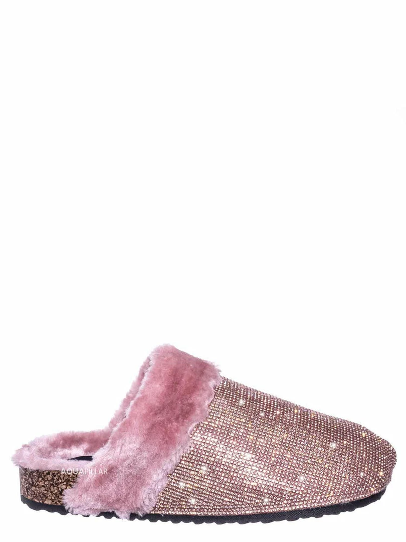 Forever Link New Benefit13 Rhinestone Crystal Moccasin Furry Footbed Slipper