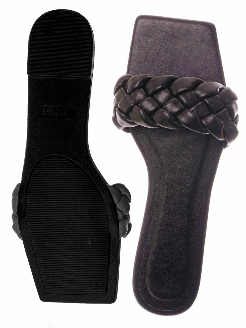 Bamboo Block19 Woven Braided Band Slipper - Womens Open Squared Toe Slip On Flat Sandal