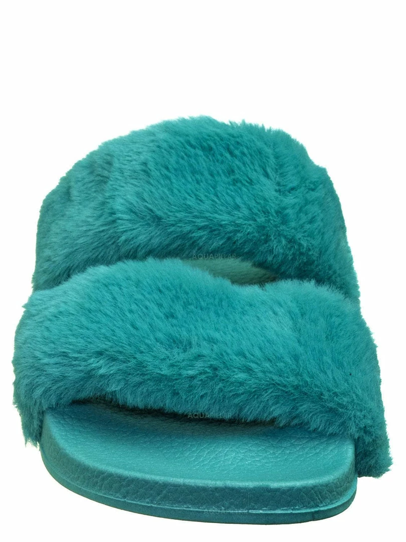 Bamboo Liv04 Faux Fur Footbed Slides - Cozy Double Strap Furry Contour Slide In Sandals